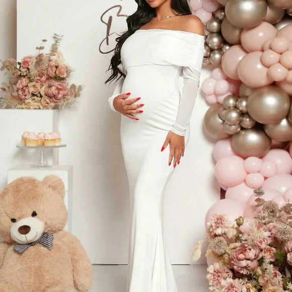 White Elegant Women's Maternity Off Shoulder Foldover Front Floor Length Dress - Picture 5 of 6